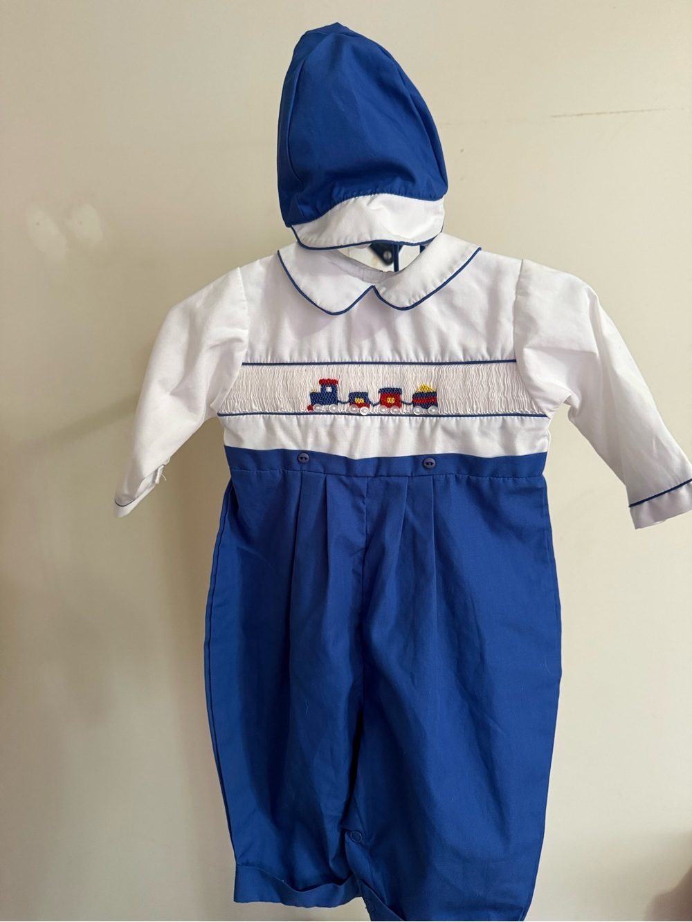 Petit Ami Smocked Train Romper & Hat